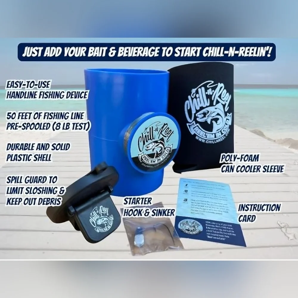 Chill-N-Reel Can Cooler Fishing Rod Shark Tank Beverage Koozie Camo NWOT - Picture 10 of 14